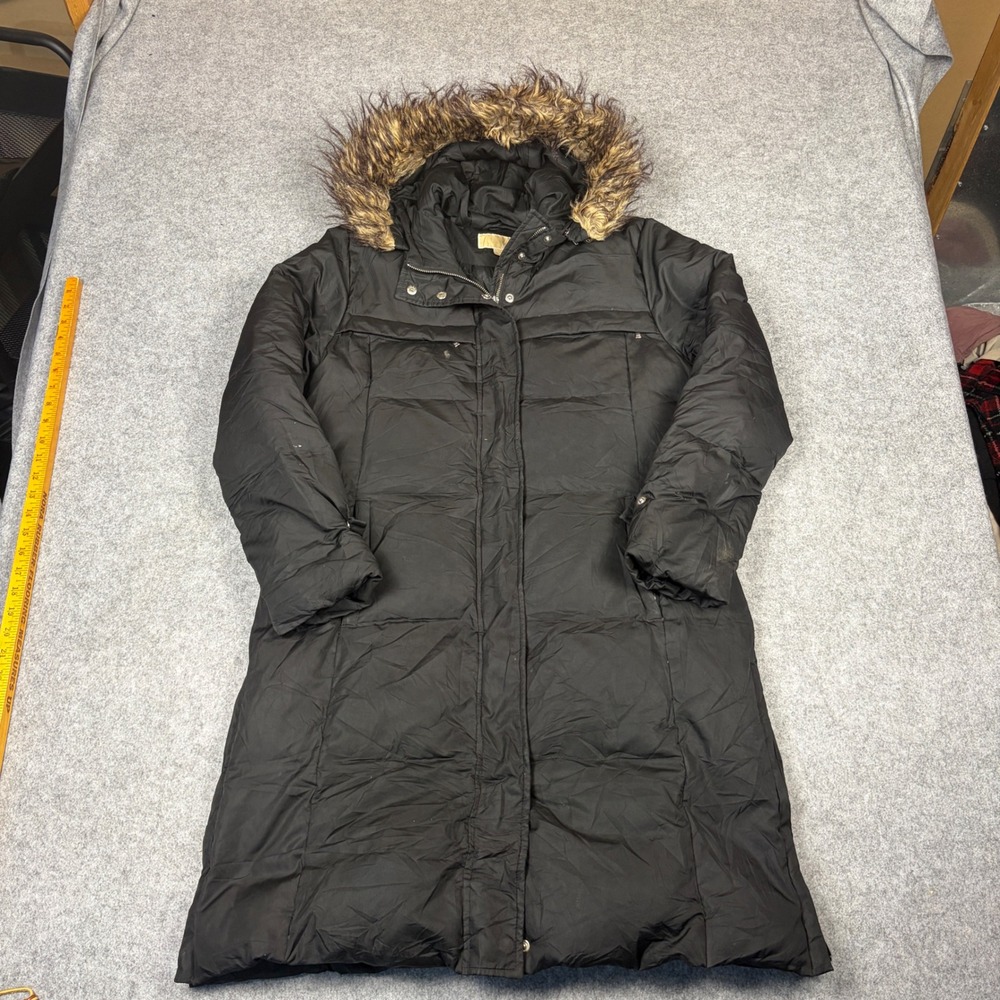 Michael Michael Kors Womens Black Long Puffer Coat Faux Fur Hood Parka Size L
